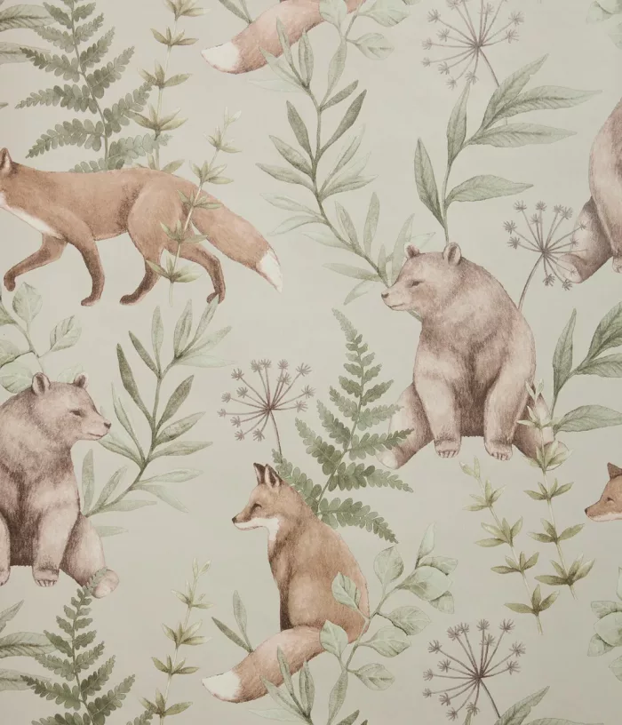 Wild Forest beige fox & bear wallpaper